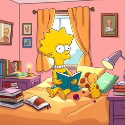 Lisa Simpson, character from The Simpsons, sitting on her bed in a cozy bedroom, surrounded by her favorite books, a small lamp glowing on the bedside table, soft pastel colors on the walls, the iconic bright yellow skin and spiky hair distinctively portrayed, a thoughtful expression on her face as she gazes out of the window, with plush toys scattered on the bed and sunlight streaming in, creating a warm atmosphere