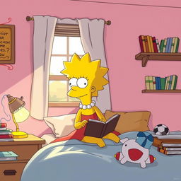 Lisa Simpson, character from The Simpsons, sitting on her bed in a cozy bedroom, surrounded by her favorite books, a small lamp glowing on the bedside table, soft pastel colors on the walls, the iconic bright yellow skin and spiky hair distinctively portrayed, a thoughtful expression on her face as she gazes out of the window, with plush toys scattered on the bed and sunlight streaming in, creating a warm atmosphere