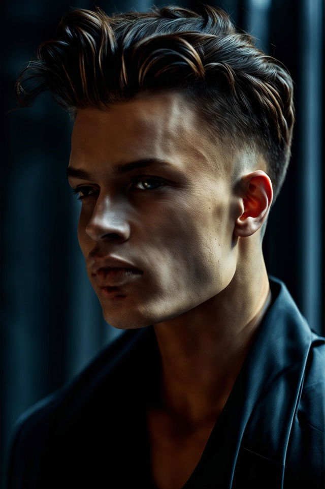 This is a 32k HD Vogue-style editorial photograph of a male supermodel with a trendy burst fade haircut, taken with a 200mm lens in a well-lit room