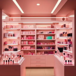 A small, 3 meter by 3 meter cosmetics shop, filled with various beauty products neatly displayed on shelves, under flattering warm lighting.