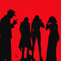 A dynamic and visually striking illustration titled 'La lista negra', showcasing the shadows of 3 or 4 individuals against a vivid red background