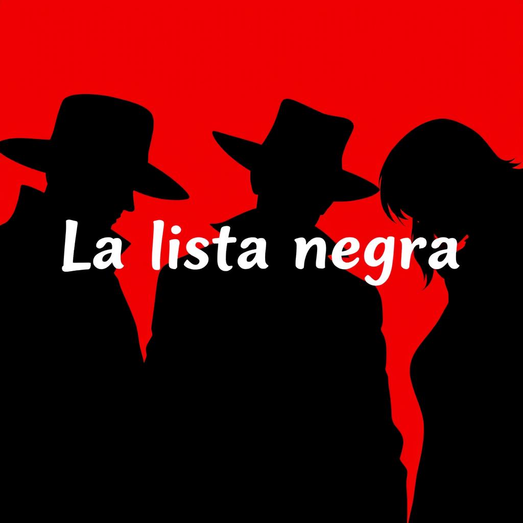 A dynamic and visually striking illustration titled 'La lista negra', showcasing the shadows of 3 or 4 individuals against a vivid red background