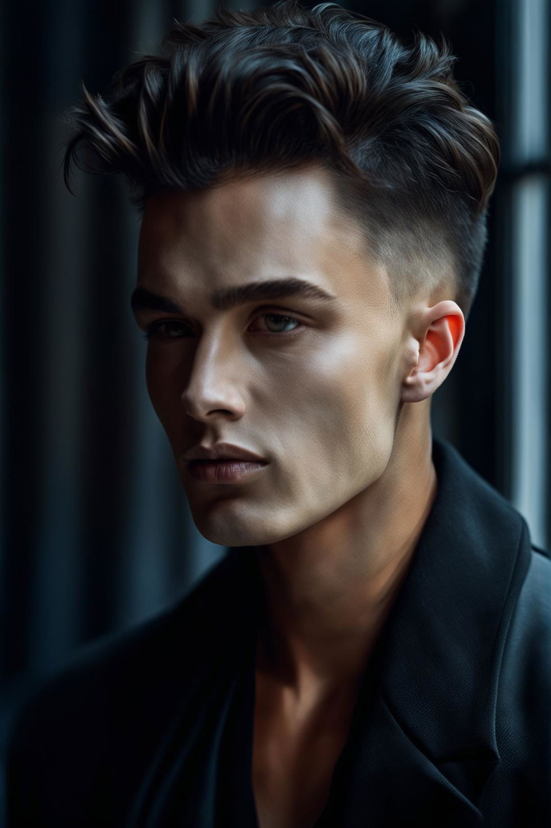 This is a 32k HD Vogue-style editorial photograph of an extremely handsome male supermodel with a trendy burst fade haircut, taken with a 200mm lens in a well-lit room