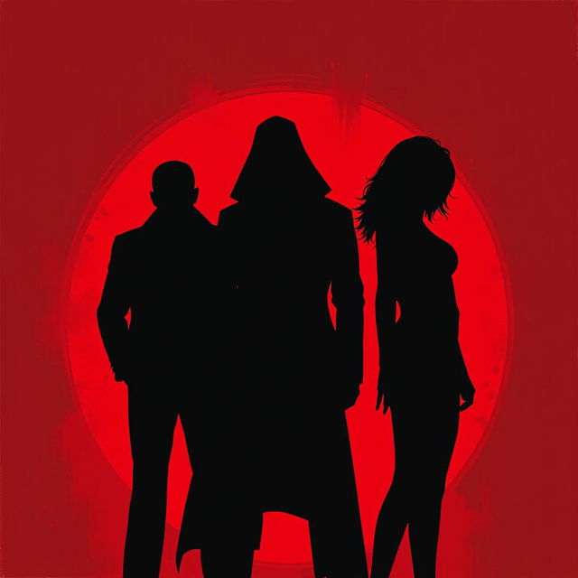 A dynamic and visually striking illustration titled 'La lista negra', showcasing the shadows of 3 or 4 individuals against a vivid red background