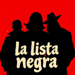 A dynamic and visually striking illustration titled 'La lista negra', showcasing the shadows of 3 or 4 individuals against a vivid red background