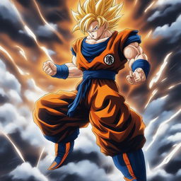 This is a high-quality digital art poster of Goku from Dragonball Z, captured in a dynamic fighting pose against a stormy background