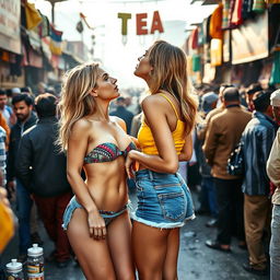 A fit blonde woman in a colorful strapless bikini is kissing another fit woman wearing tight denim shorts and a strapless yellow top
