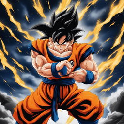 This is a high-quality digital art poster of Goku from Dragonball Z, captured in a dynamic fighting pose against a stormy background