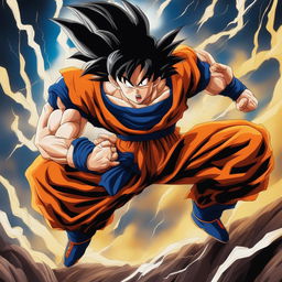 This is a high-quality digital art poster of Goku from Dragonball Z, captured in a dynamic fighting pose against a stormy background