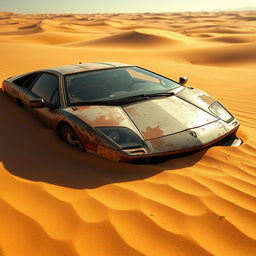 A wide-angle shot of an abandoned, rust-covered Lamborghini partially buried in the golden sands of a sun-scorched desert