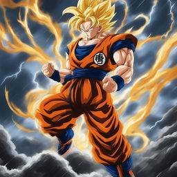 This is a high-quality digital art poster of Goku from Dragonball Z, captured in a dynamic fighting pose against a stormy background