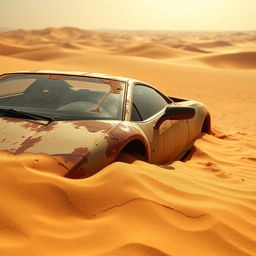 A wide-angle shot of an abandoned, rust-covered Lamborghini partially buried in the golden sands of a sun-scorched desert