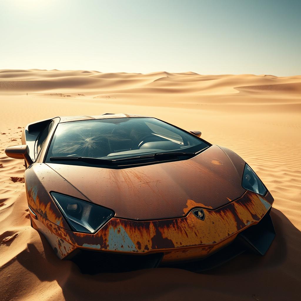 A wide-angle shot of an abandoned, rust-covered Lamborghini partially buried in the golden sands of a sun-scorched desert