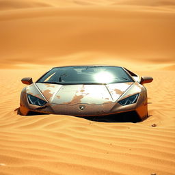 A wide-angle shot of an abandoned, rust-covered Lamborghini partially buried in the golden sands of a sun-scorched desert