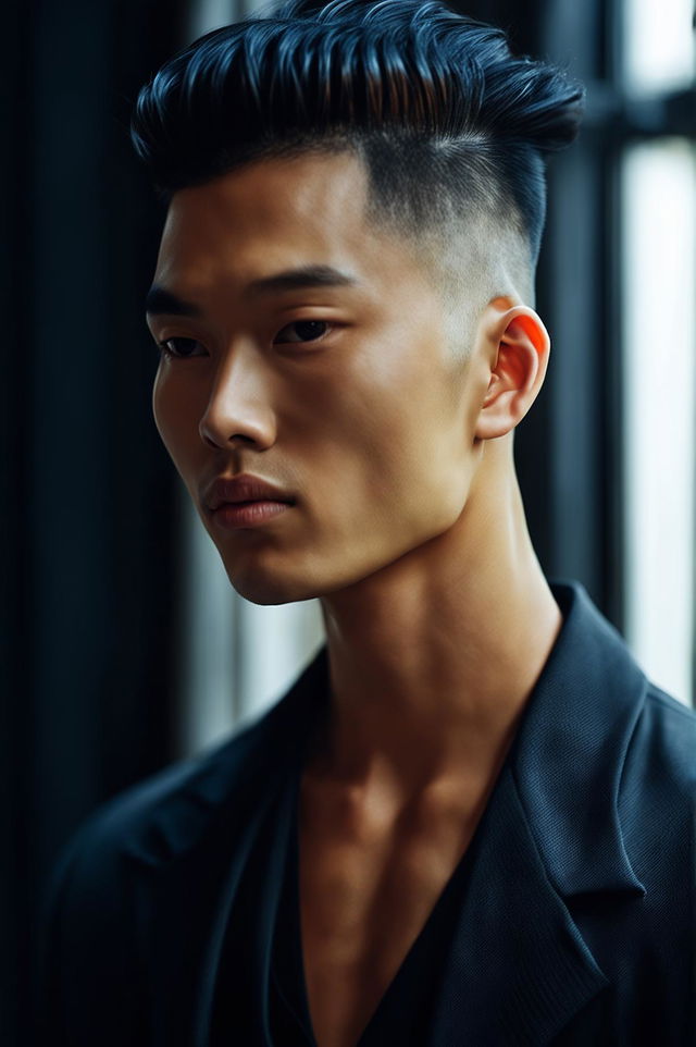 This is a 32k HD Vogue-style editorial photograph of an extraordinarily handsome Asian male supermodel with a trendy burst fade haircut, taken with a 200mm lens in a well-lit room