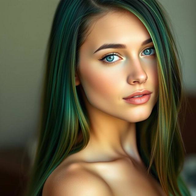 A portrait of an 18-year-old woman with long, straight green hair and striking blue eyes