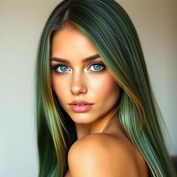 A portrait of an 18-year-old woman with long, straight green hair and striking blue eyes