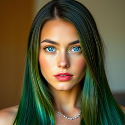 A portrait of an 18-year-old woman with long, straight green hair and striking blue eyes