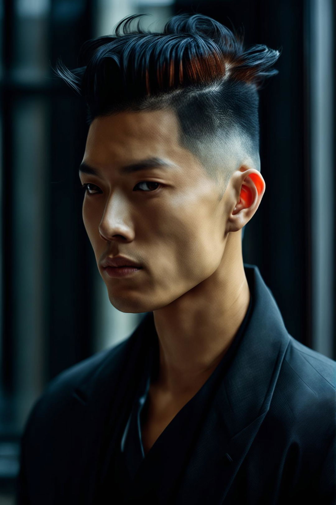 This is a 32k HD Vogue-style editorial photograph of an extraordinarily handsome Asian male supermodel with a trendy burst fade haircut, taken with a 200mm lens in a well-lit room