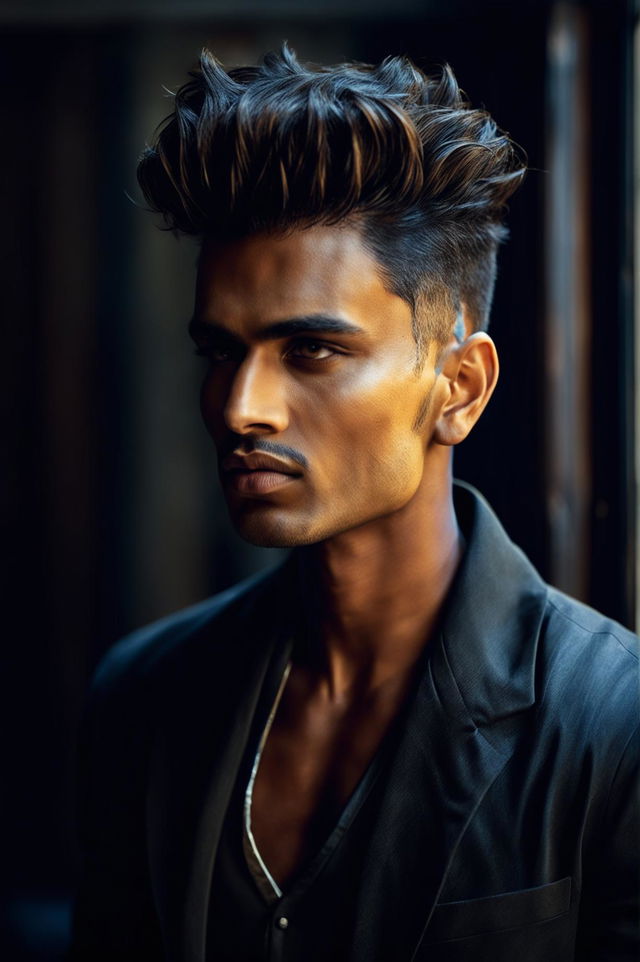 This is a 32k HD Vogue-style editorial photograph of an extraordinarily handsome Indian male supermodel with a trendy burst fade haircut, taken with a 200mm lens in a well-lit room