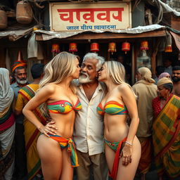Two fit blonde women wearing colorful strapless bikinis share a kiss with an older Indian man outside a modest Indian bar, surrounded by a vibrant crowd of Indian men who add life to the scene