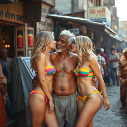 Two fit blonde women wearing colorful strapless bikinis share a kiss with an older Indian man outside a modest Indian bar, surrounded by a vibrant crowd of Indian men who add life to the scene