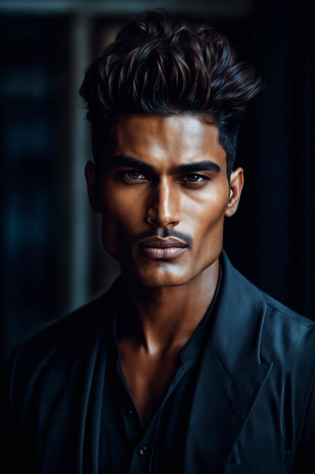 This is a 32k HD Vogue-style editorial photograph of an extraordinarily handsome Indian male supermodel with a trendy burst fade haircut, taken with a 200mm lens in a well-lit room