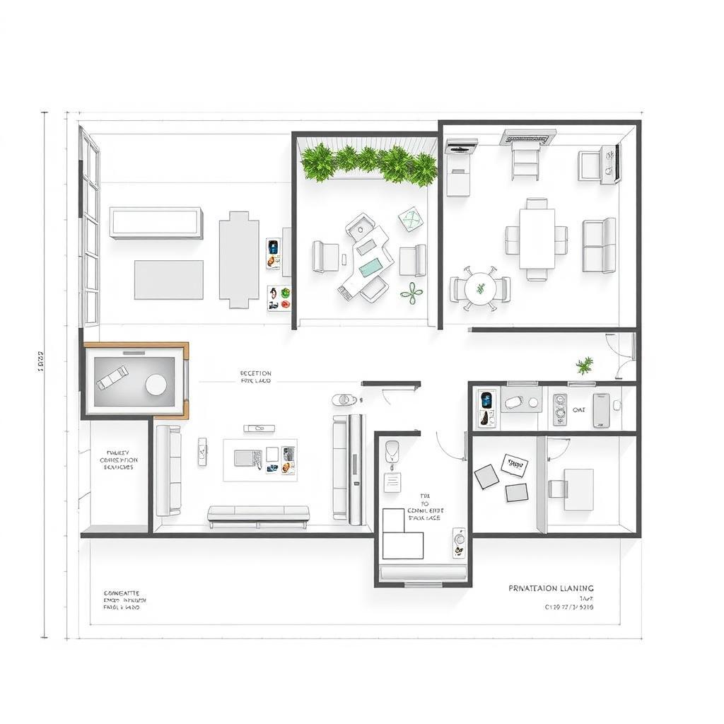 Detailed architectural plans of a modern wedding services office, showcasing a carefully organized layout