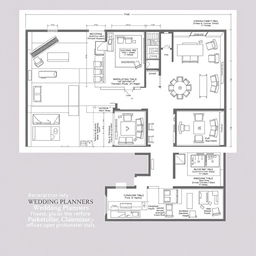 Detailed architectural plans of a modern wedding services office, showcasing a carefully organized layout