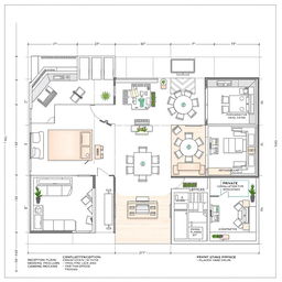 Detailed architectural plans of a modern wedding services office, showcasing a carefully organized layout