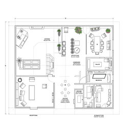 Detailed architectural plans of a modern wedding services office, showcasing a carefully organized layout