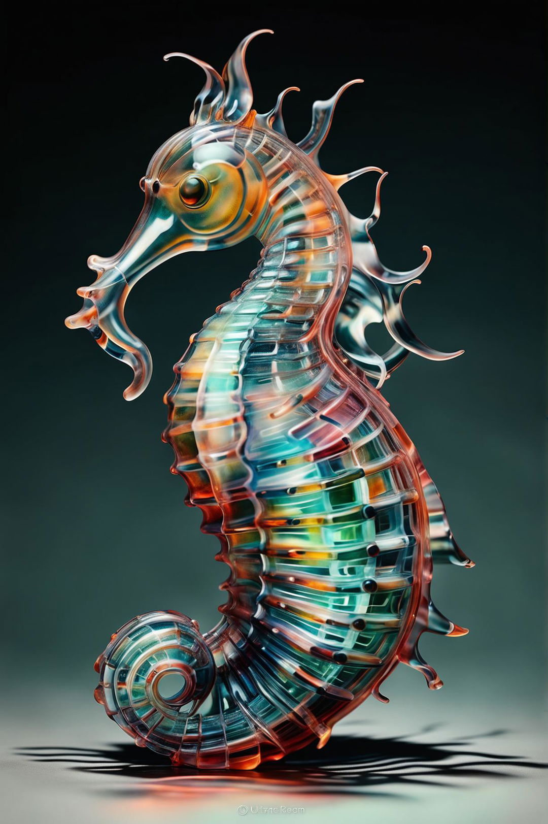 This is a 32k resolution digital art image featuring an intricately designed glass seahorse standing at 200mm