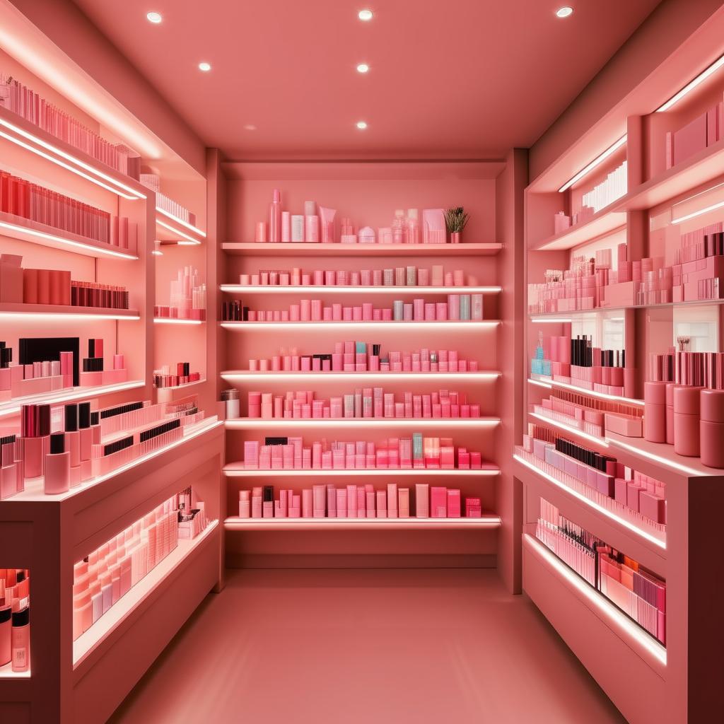 A small, 3 meter by 3 meter cosmetics shop, filled with various beauty products neatly displayed on shelves, under flattering warm lighting.