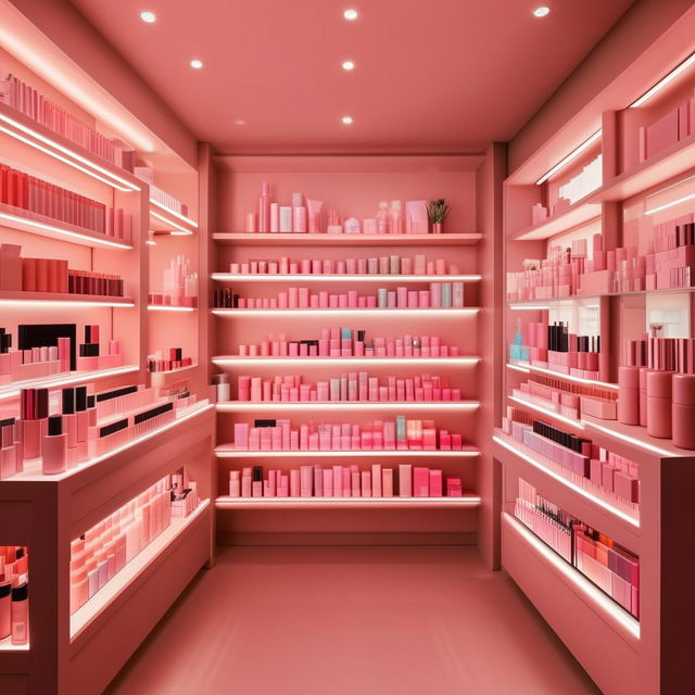 A small, 3 meter by 3 meter cosmetics shop, filled with various beauty products neatly displayed on shelves, under flattering warm lighting.