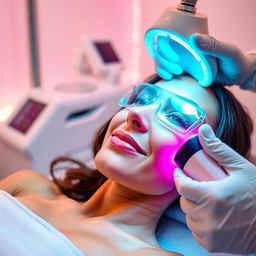 A close-up photograph of a woman experiencing a laser hair removal session, showcasing her relaxed expression