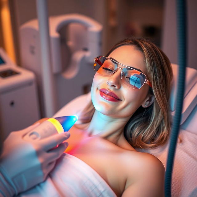 A close-up photograph of a woman experiencing a laser hair removal session, showcasing her relaxed expression