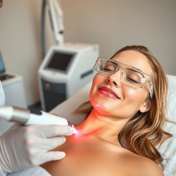 A close-up photograph of a woman experiencing a laser hair removal session, showcasing her relaxed expression