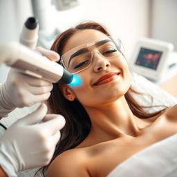 A close-up photograph of a woman experiencing a laser hair removal session, showcasing her relaxed expression
