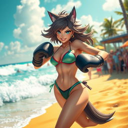 A dynamic scene of a character inspired by Loona, a wolfgirl, in a vibrant beach setting