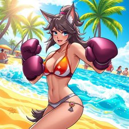 A dynamic scene of a character inspired by Loona, a wolfgirl, in a vibrant beach setting