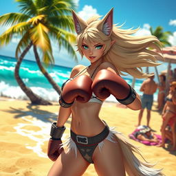 A dynamic scene of a character inspired by Loona, a wolfgirl, in a vibrant beach setting