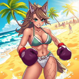 A dynamic scene of a character inspired by Loona, a wolfgirl, in a vibrant beach setting