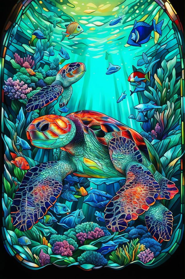 This is a high-quality digital art image showcasing a vibrant underwater scene crafted from stained glass