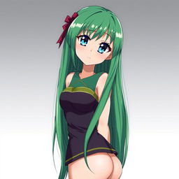A beautiful anime girl with long, straight green hair and striking blue eyes