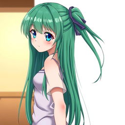 A beautiful anime girl with long, straight green hair and striking blue eyes