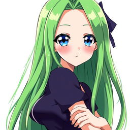 A beautiful anime girl with long, straight green hair and striking blue eyes