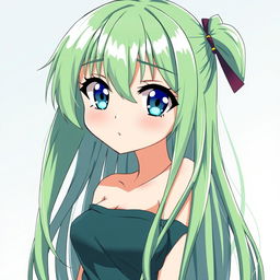 A beautiful anime girl with long, straight green hair and striking blue eyes