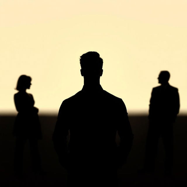 An artistic depiction of shadows showcasing a man standing in the foreground, with a strong silhouette that conveys presence and confidence