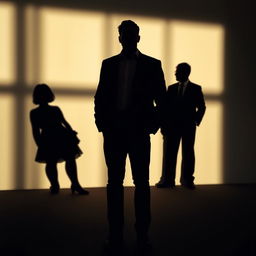 An artistic depiction of shadows showcasing a man standing in the foreground, with a strong silhouette that conveys presence and confidence