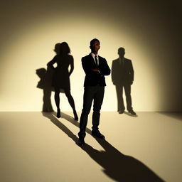 An artistic depiction of shadows showcasing a man standing in the foreground, with a strong silhouette that conveys presence and confidence